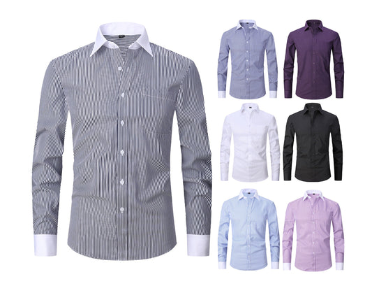 Men's Long Sleeve Shirt Striped Business Solid Color Work Formal Casual Shirt | FS05
