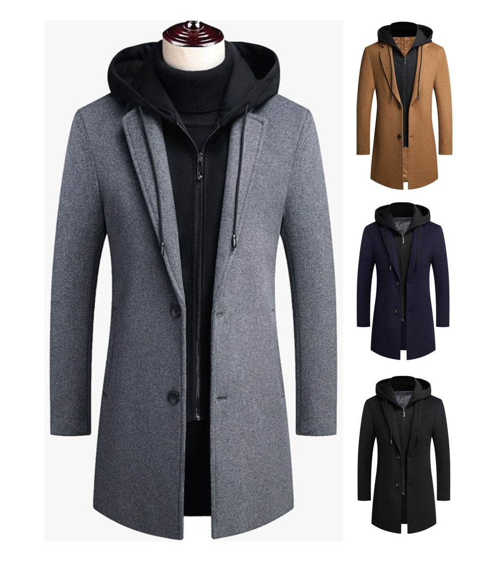 Men's Detachable Hooded Wool Jacket Windproof Mid-Length Coat Casual Thick Trench Coat | 1909-3