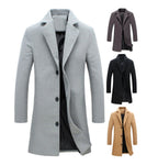 Men Light Weight Woolen Jacket Solid Color Single-Breasted Lapel Long Coat Business Overcoat | D67