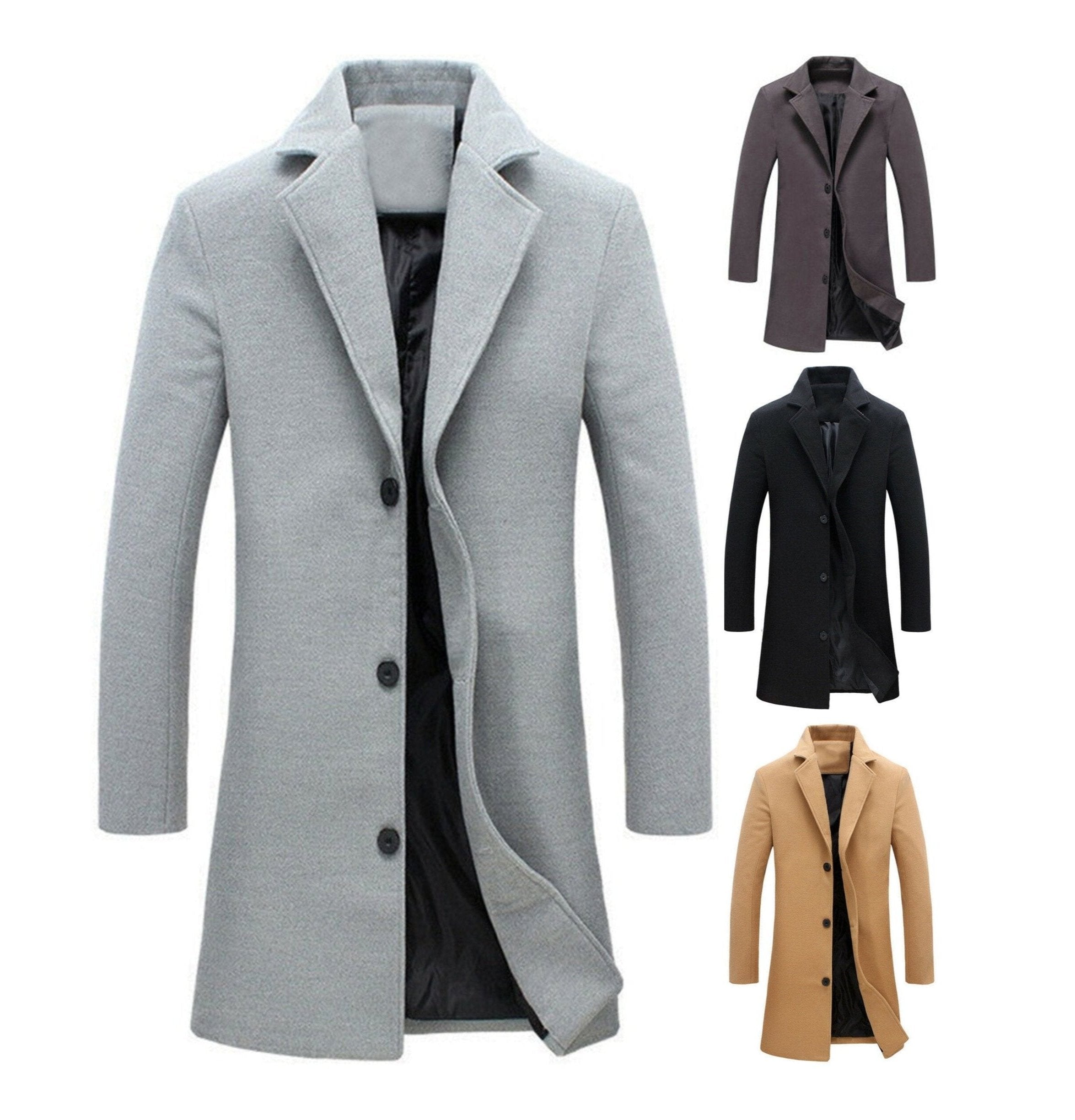 Men Light Weight Woolen Jacket Solid Color Single-Breasted Lapel Long Coat Business Overcoat | D67