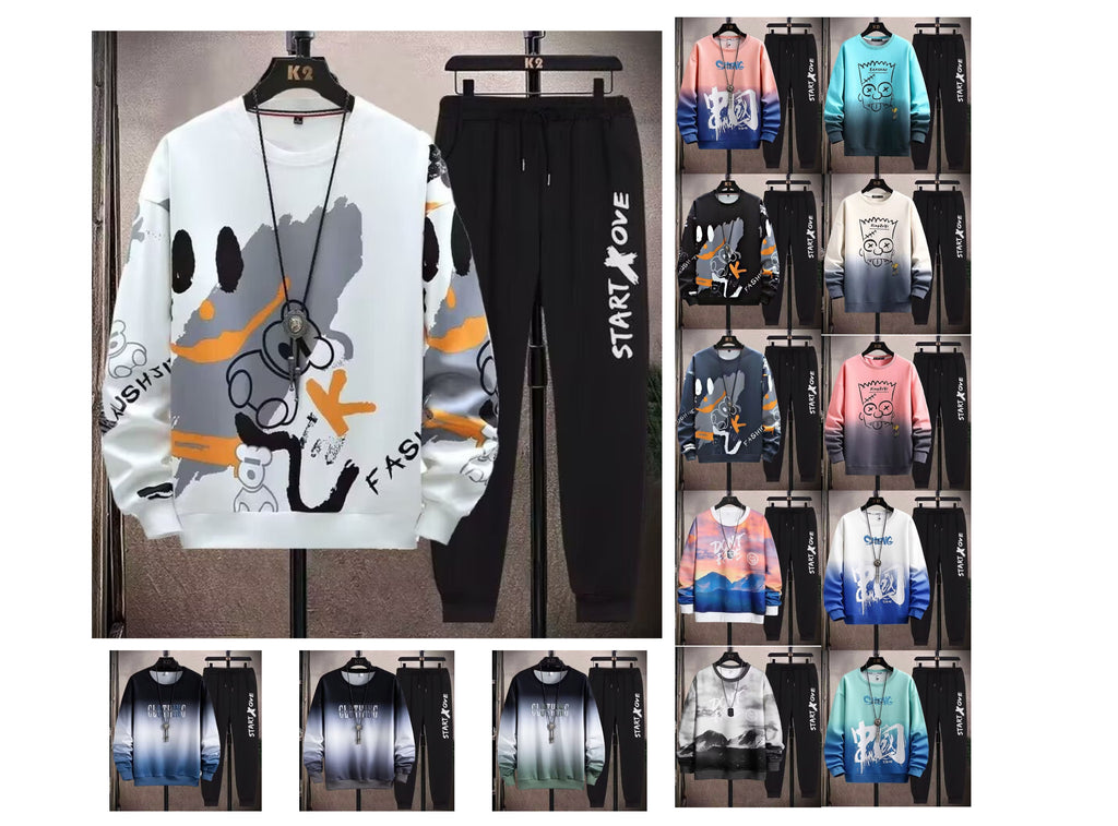 Men's 2 Piece Sweat Set Trousers Casual Pullover T-shirt Outer Wear Loose All-Match Gradient Color Long Sleeve Student Tops