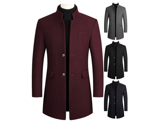 Men's Classic Woolen Jacket Coat Thick Mid-Long Trench Premium Wool & Blends Coat | 2811