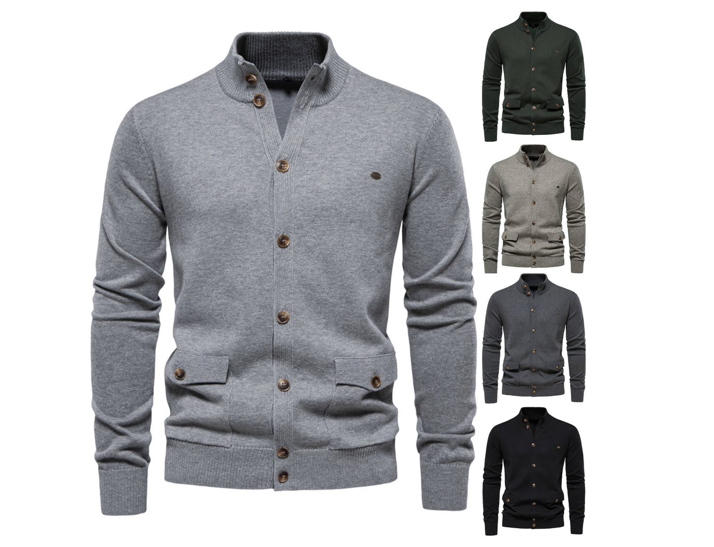 Men's Cotton Cable Knit Cardigan with Pockets, Stand Collar, Button-Down Sweater | CW61