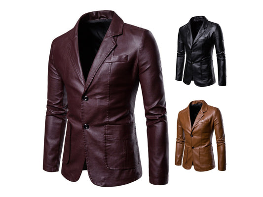 Men Suit Leather Jacket Casual Classic Business Motorcycles PU Leather Blazer Coat | 1412