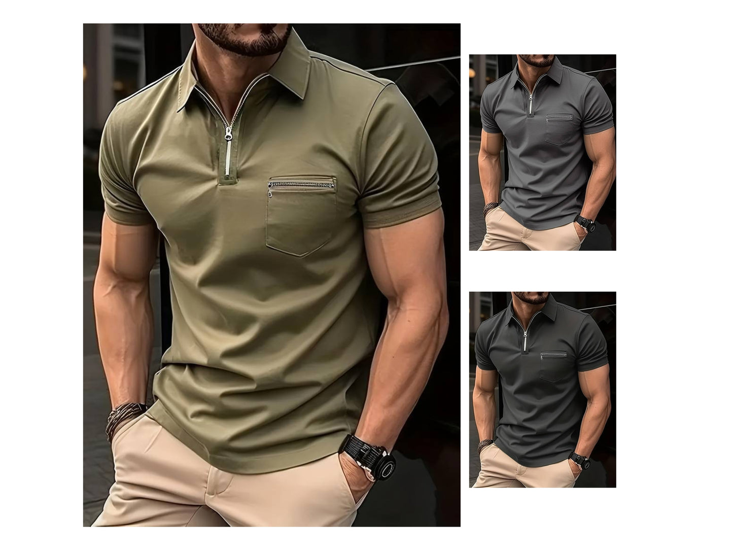 Men's Short-sleeved Lapel Collar T-Shirt Solid Color Quarter Zipped Casual T-Shirt | FLS-4