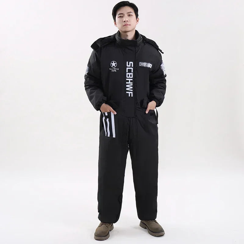 Winter Full Waterproof Thick Ski Suit Jacket Trouser Snow Windproof Fleece Jumpsuit Cold Weather Motorcycle Riding Suit
