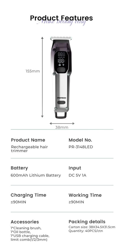 Cordless Rechargeable Haircut Machine Professional Hair Clipper for Men | PR-3148LED