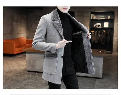 Men's Winter Fur Collar Trench Coat Slim Fit Mid-Long Blend Overcoat for Cold Weather | D-3229