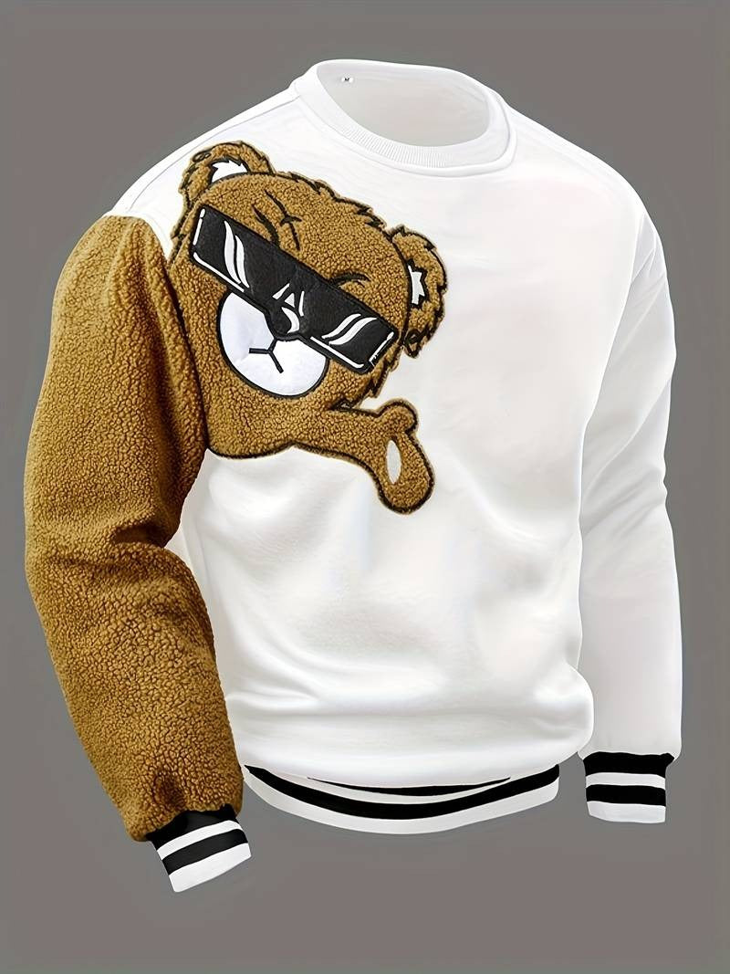 Men's Cartoon Bear Embroidered Crew Neck Plus Size Sweatshirt Polyester Fabric Vibrant Animal Pattern Top Casual Wear Knit Fabric Shirt