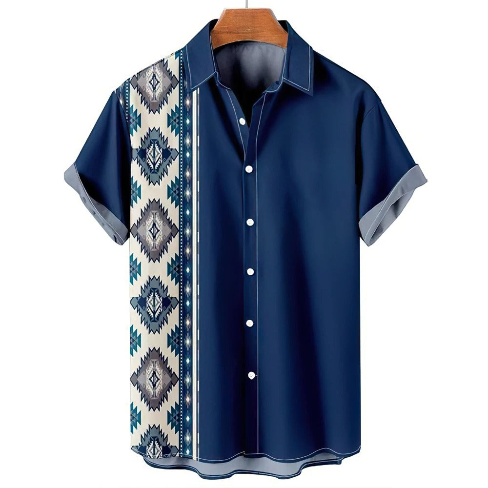 Vintage Ethnic Print Men’s Casual Short Sleeve T Shirt Cowboy Lapel Button Blouse Streetwear Polo Shirt