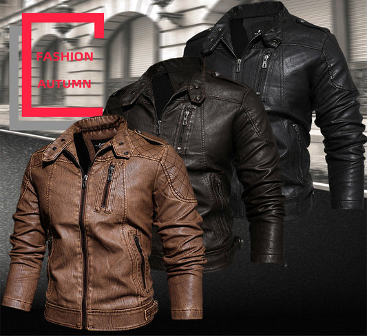 Leather Jacket Men's Standing Collar Washed PU Leather Jacket Nostalgia | 8899