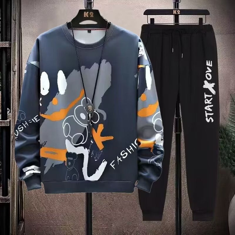 Men's 2 Piece Sweat Set Trousers Casual Pullover T-shirt Outer Wear Loose All-Match Gradient Color Long Sleeve Student Tops