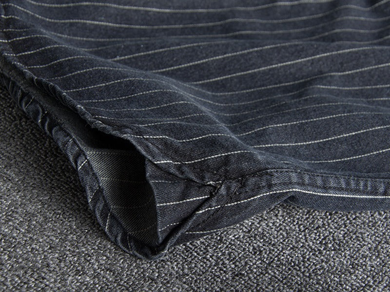 Men's Retro Heavy Distressed Denim Shirt Slim Fit Striped Long Sleeve Shirt | 8833