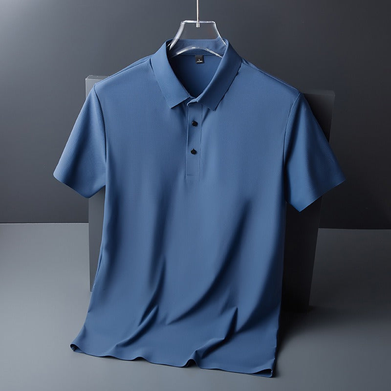 Men's Summer Seamless Ice Silk T-shirt Solid Color Short Sleeve Casual Stretch Polo Shirt | Y678
