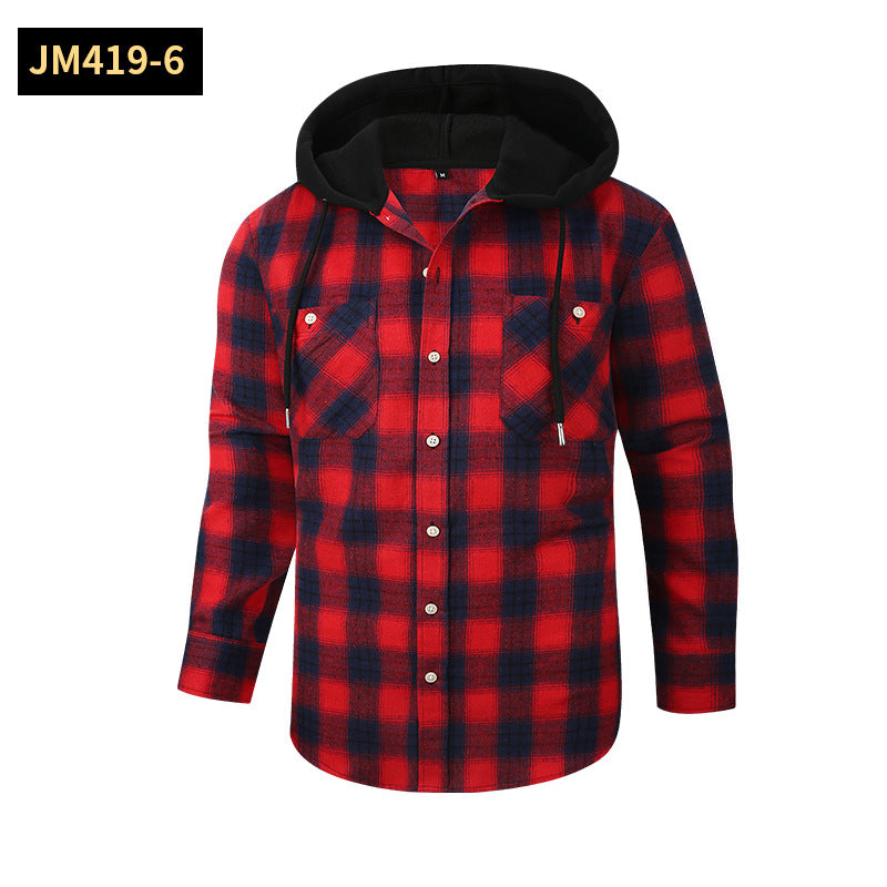 Men Premium Loose Fit Casual Flannel Long Sleeve Hooded Plaid Checkered Shirt | JM419