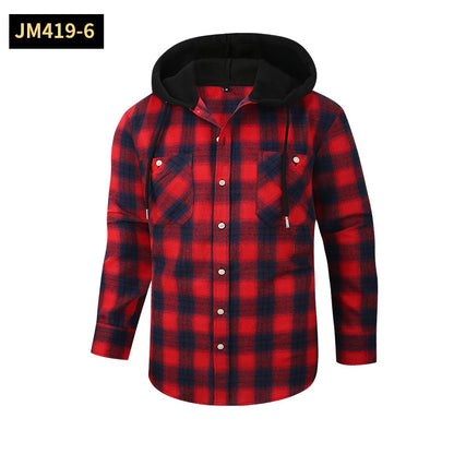 Chic Color Block Men's Plaid Pattern Hooded Long Sleeve Shirt Jacket With Drawstring And Pocket Spring Fall Outwear