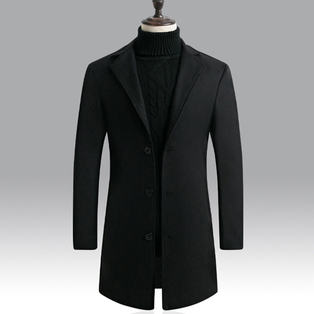 Men Light Weight Woolen Jacket Solid Color Single-Breasted Lapel Long Coat Business Overcoat | D67