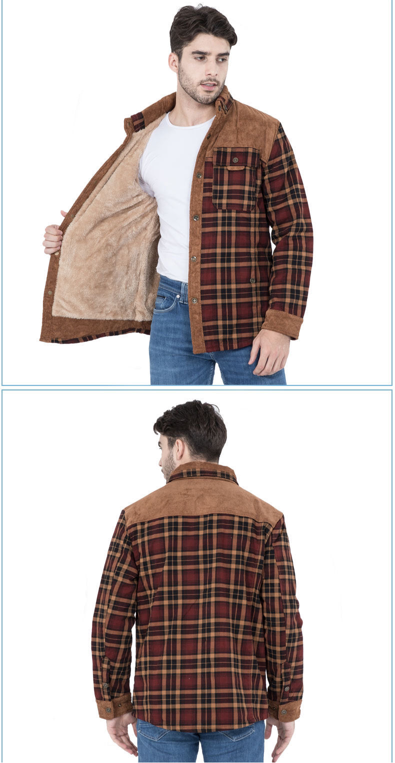 Men's Patchwork Corduroy Plaid Shirt Jacket Plus Size Velvet Lined Casual Winter Top | 3251