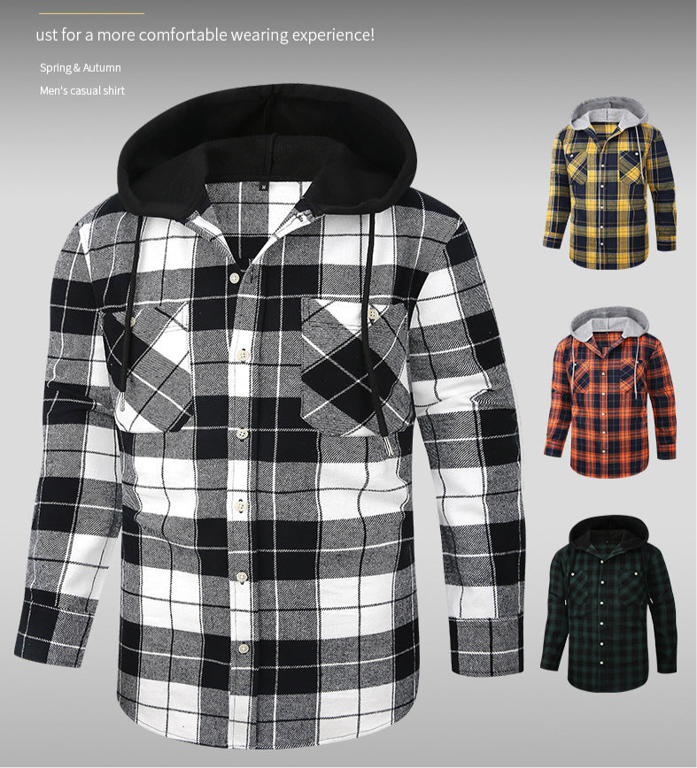 Men Premium Loose Fit Casual Flannel Long Sleeve Hooded Plaid Checkered Shirt | JM419