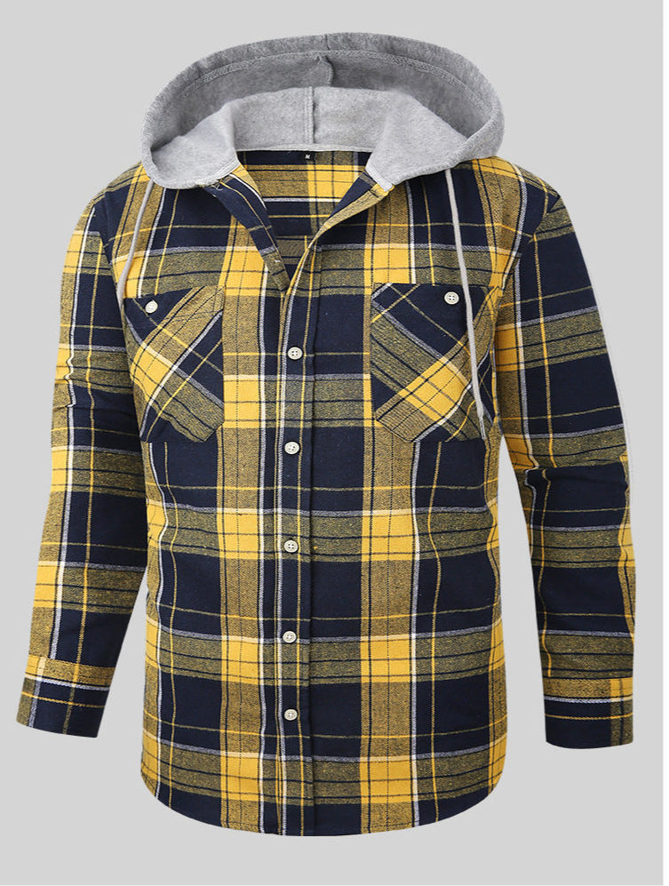 Chic Color Block Men's Plaid Pattern Hooded Long Sleeve Shirt Jacket With Drawstring And Pocket Spring Fall Outwear