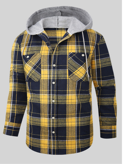 Men Premium Loose Fit Casual Flannel Long Sleeve Hooded Plaid Checkered Shirt | JM419