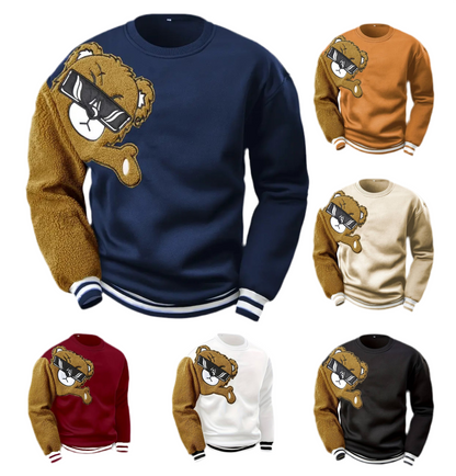 Men's Cartoon Bear Embroidered Crew Neck Plus Size Sweatshirt Polyester Fabric Vibrant Animal Pattern Top Casual Wear Knit Fabric Shirt