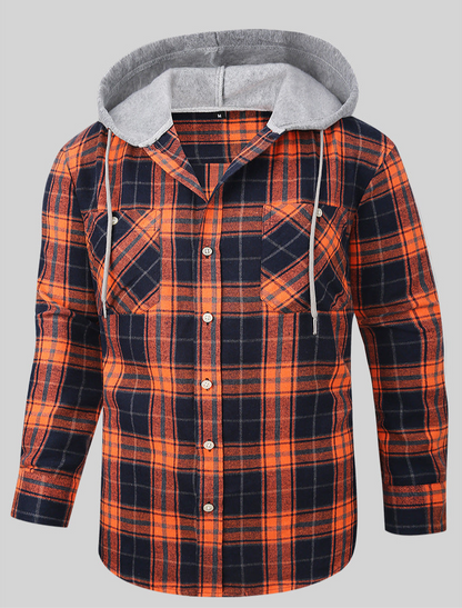 Men Premium Loose Fit Casual Flannel Long Sleeve Hooded Plaid Checkered Shirt | JM419