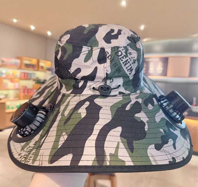 Unisex Cooling Fishing Fan Hat Summer Outdoor Adjustable Fan Bucket Hat with Face Cover - UV Protection