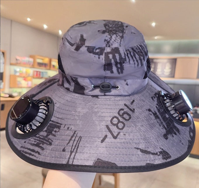 Unisex Cooling Fishing Fan Hat Summer Outdoor Adjustable Fan Bucket Hat with Face Cover - UV Protection