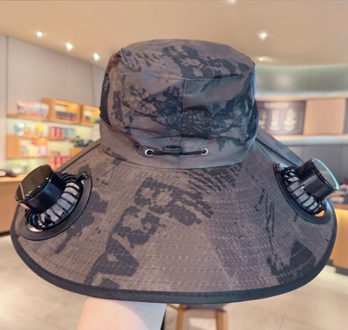 Unisex Cooling Fishing Fan Hat Summer Outdoor Adjustable Fan Bucket Hat with Face Cover - UV Protection