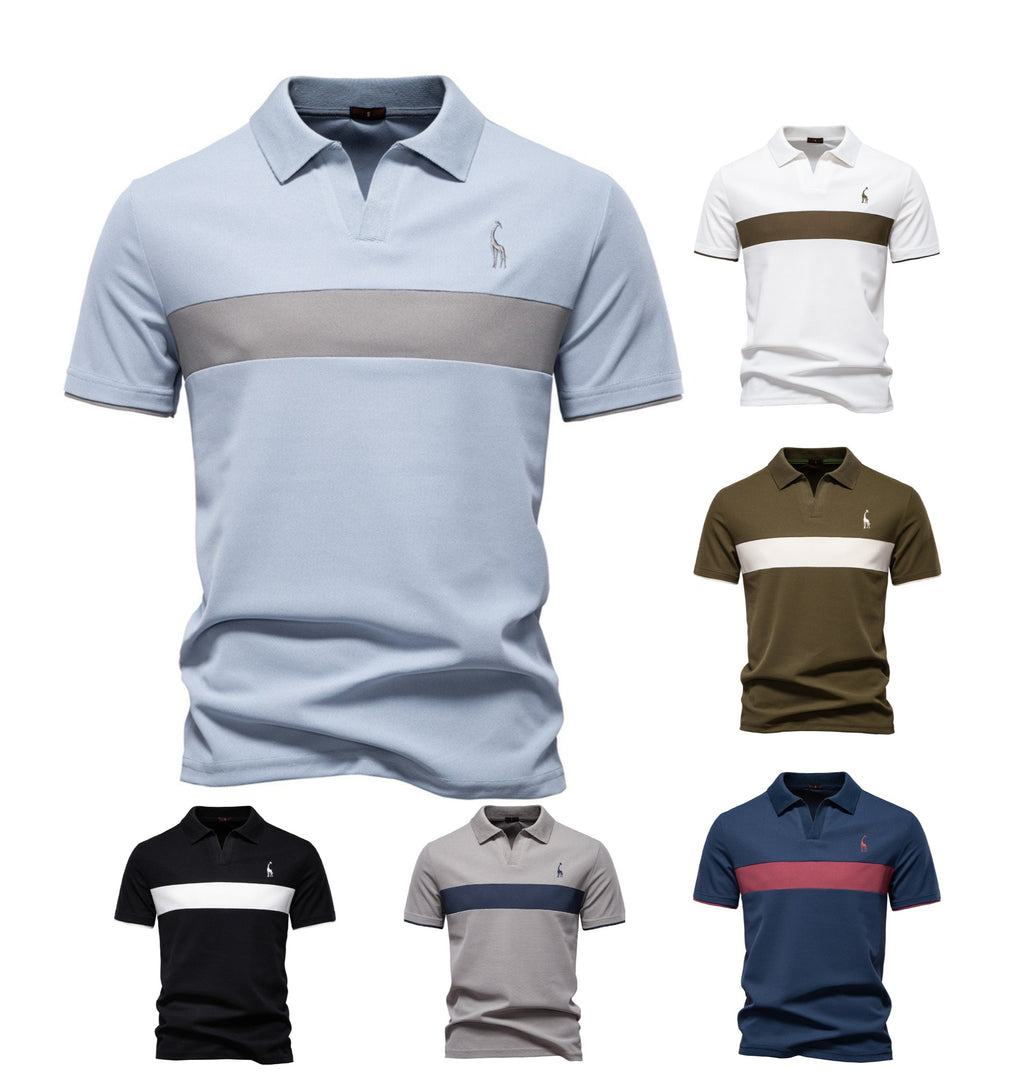Men's Embroidered Deer Contrast V-Neck Polo Shirt - 2025 Summer Slim-Fit Casual Top | PL7002