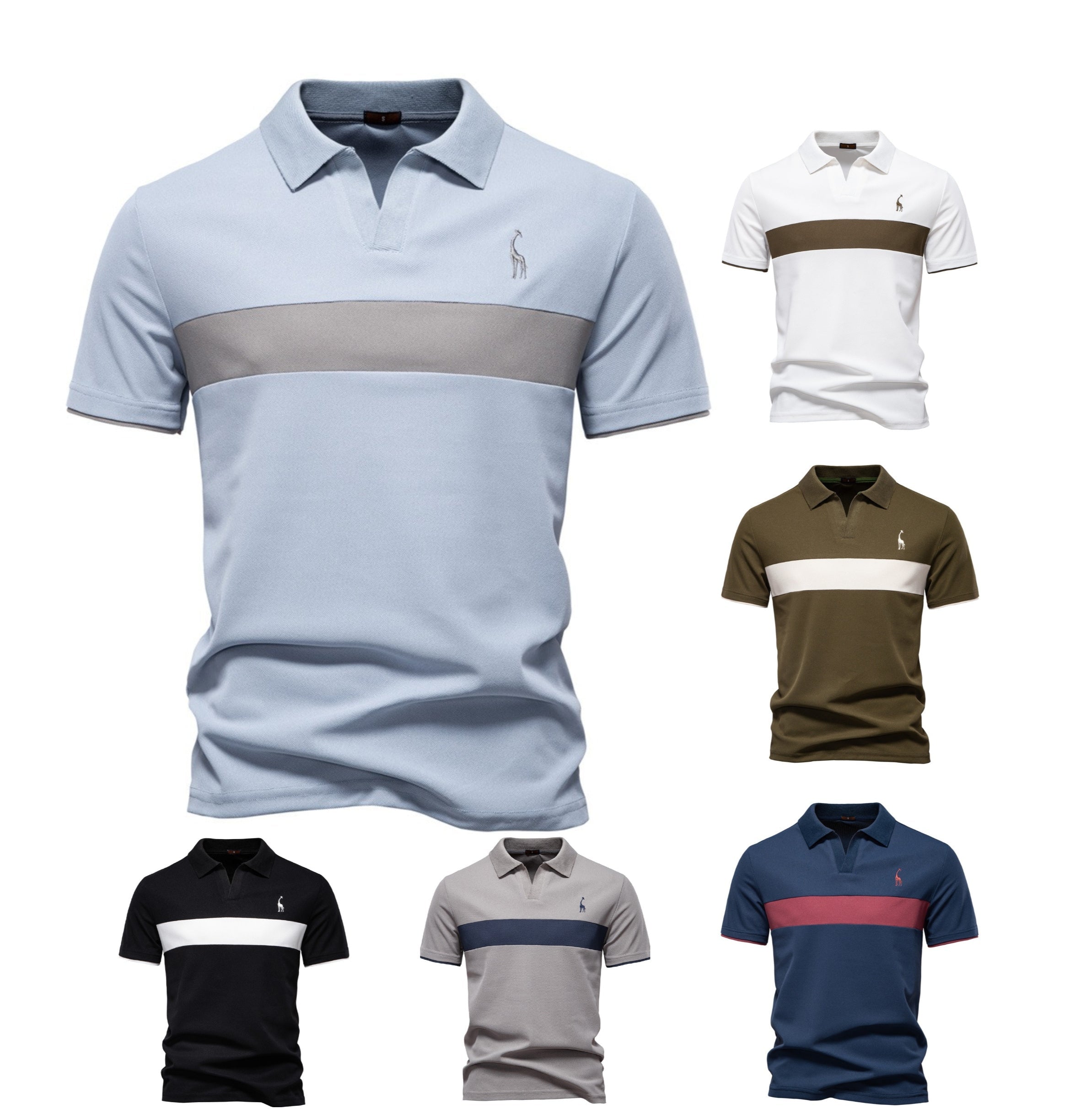 Men's Embroidered Deer Contrast V-Neck Polo Shirt - 2025 Summer Slim-Fit Casual Top | PL7002