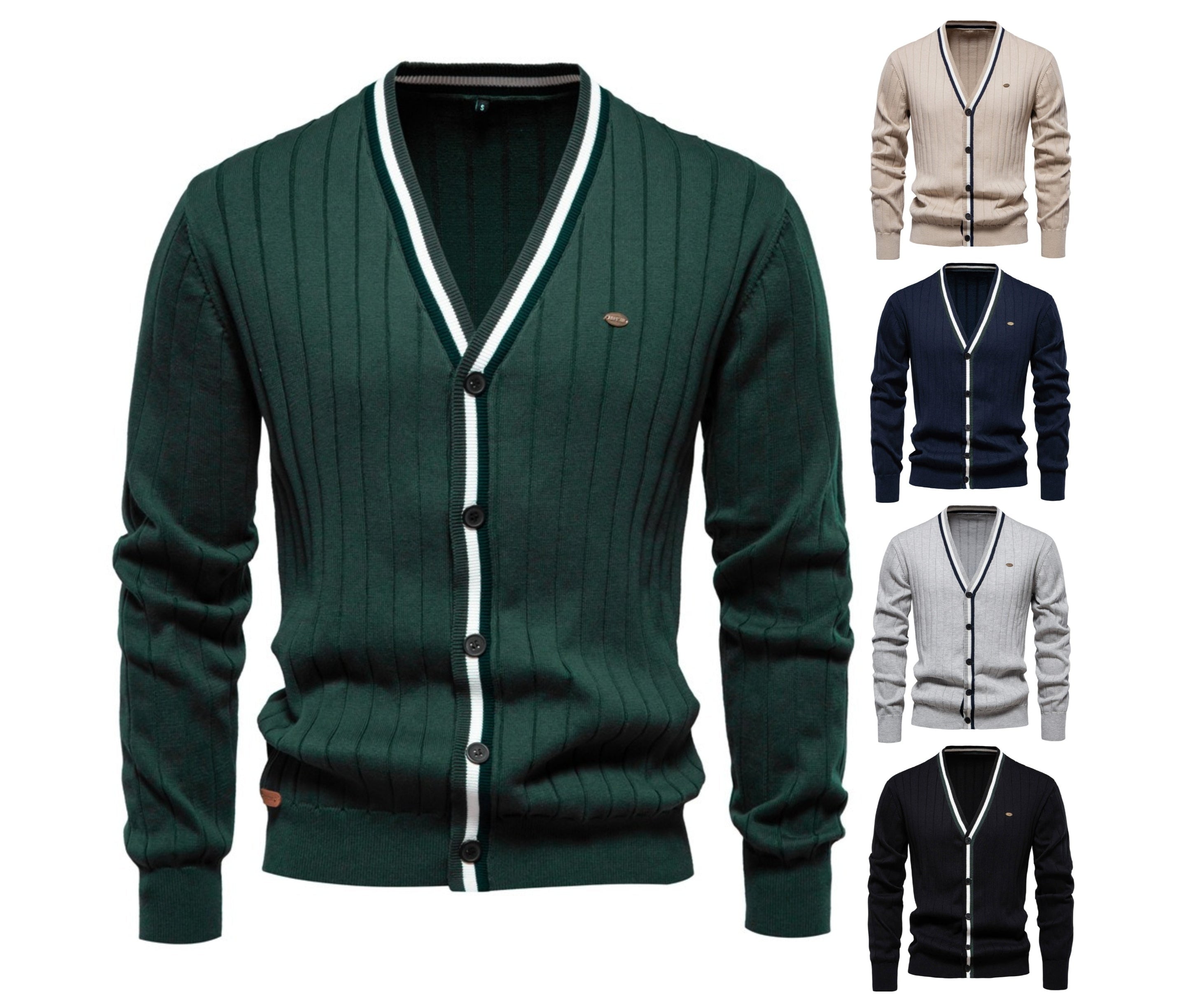 Men’s V-Neck Color-Trim Knit Cardigan – Casual Loose-Fit Buttoned Sweater for Autumn | SW199