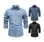 Men’s Washed Denim Shirt – Long Sleeve 100% Cotton Casual Button-Up Top | 6025