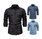 Men’s Euro Fit Washed Cotton Denim Shirt – Long Sleeve Solid Color Casual Button-Up | 6028