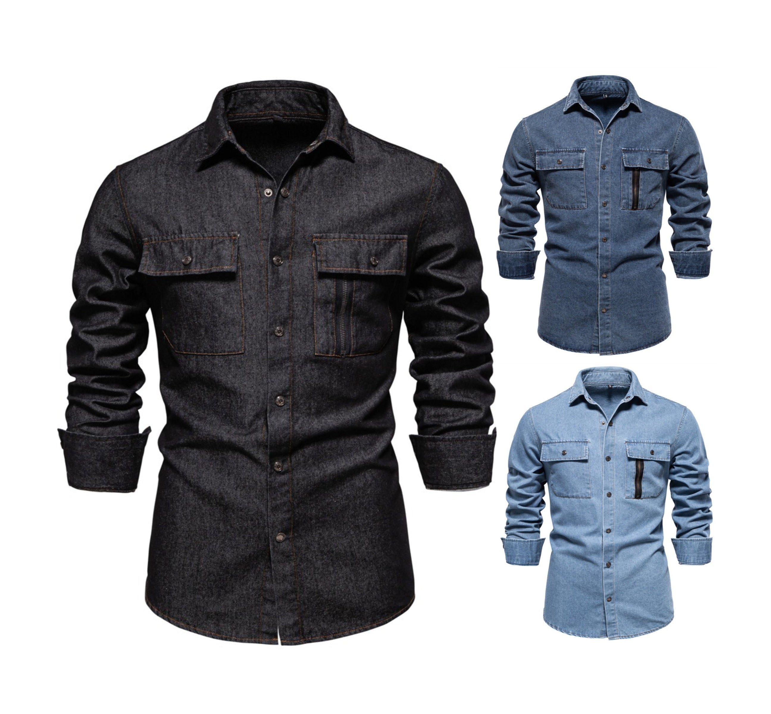 Men’s Euro Fit Washed Cotton Denim Shirt – Long Sleeve Solid Color Casual Button-Up | 6028