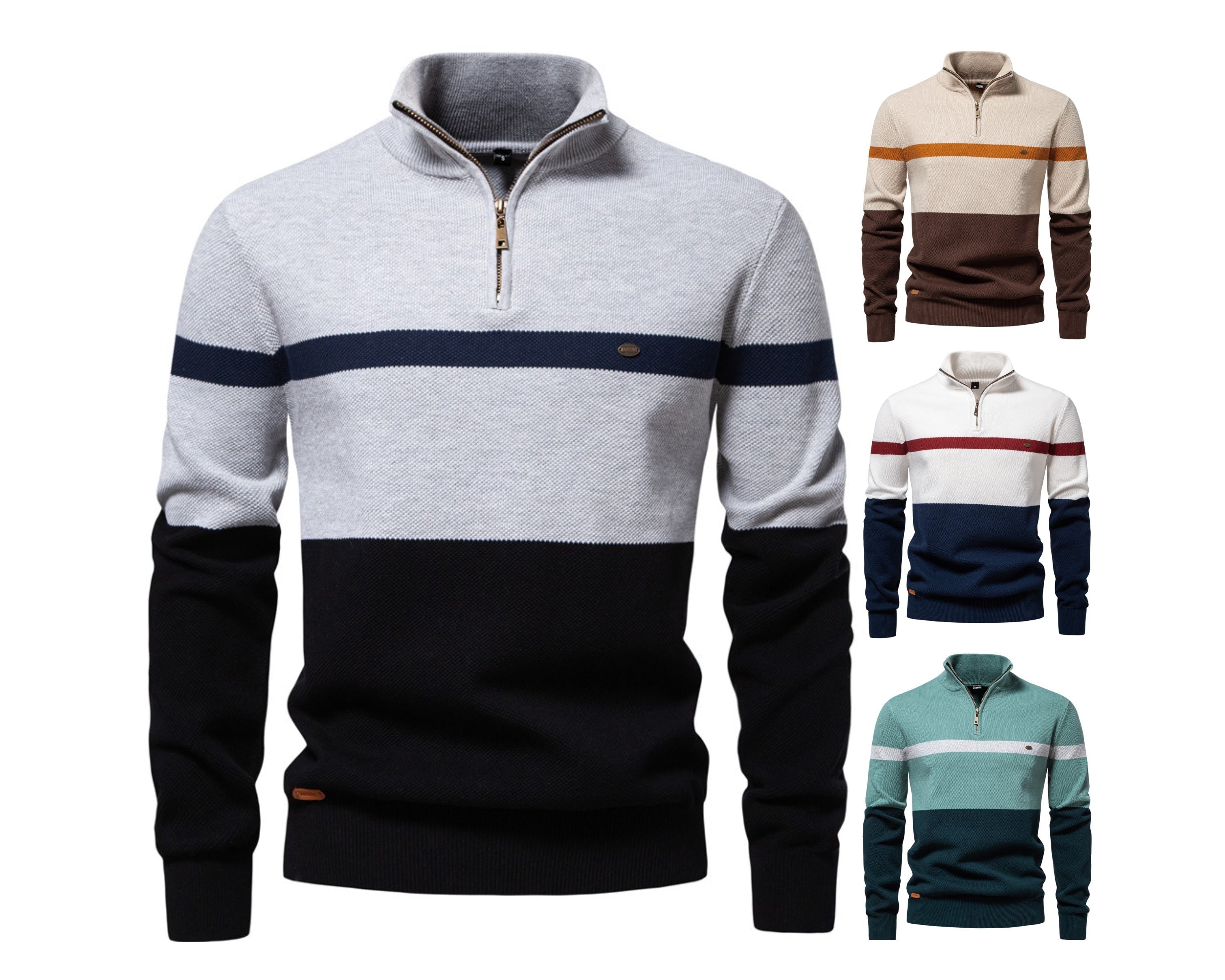 Men’s Half-Zip Stand Collar Knit Sweater – Colorblock Casual Pullover | SW135
