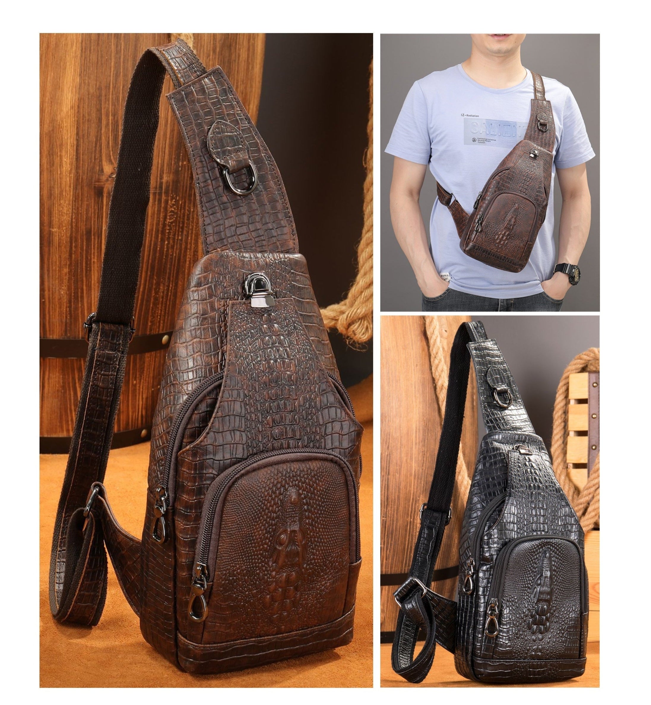 Men's Business Shoulder Bag Elegant Crocodile Pattern for Professional Style | 9076