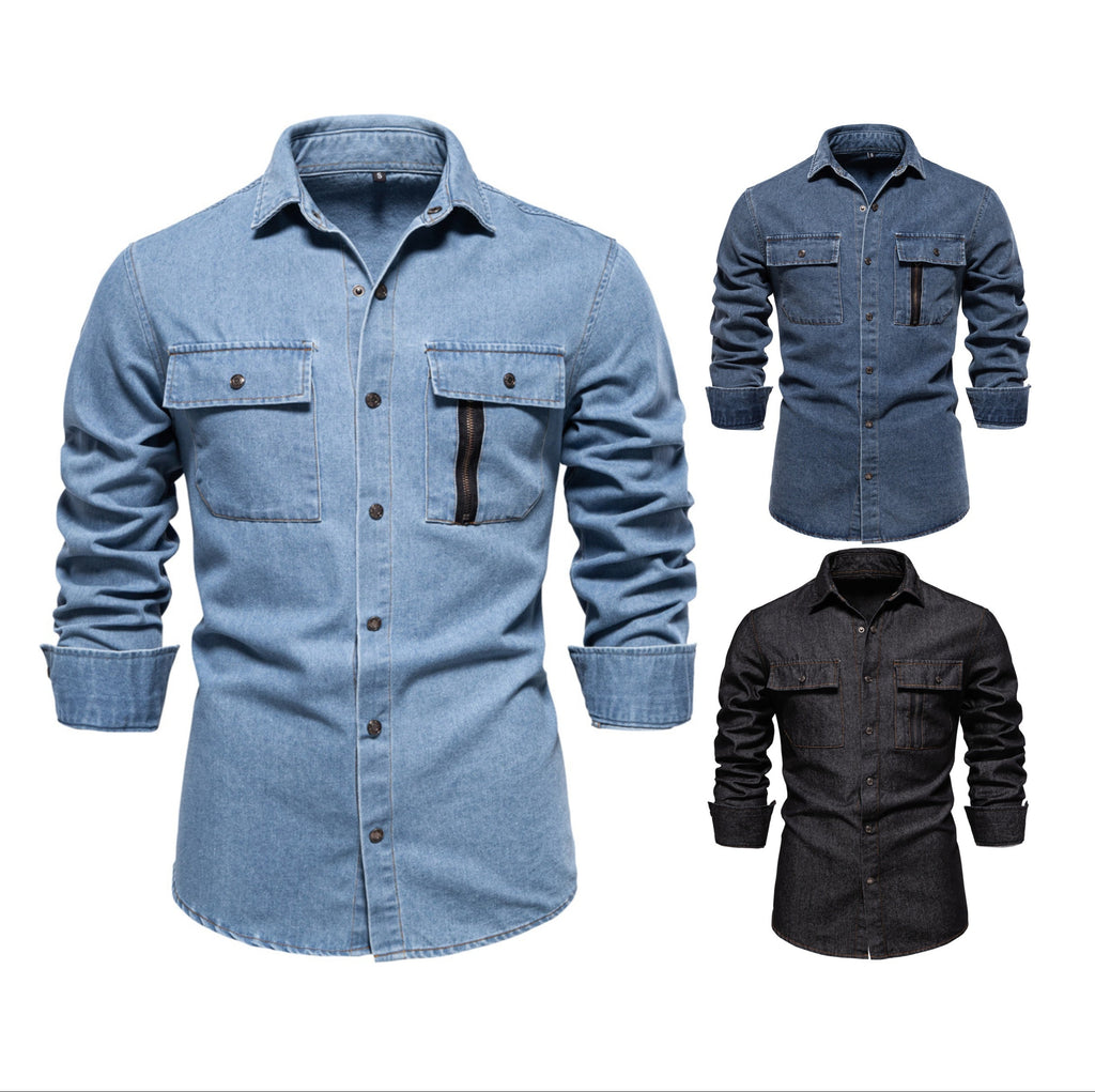 Men’s Washed Denim Shirt – Long Sleeve 100% Cotton Casual Button-Up Top | 6025
