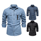 Men’s Washed Denim Shirt – Long Sleeve 100% Cotton Casual Button-Up Top | 6025