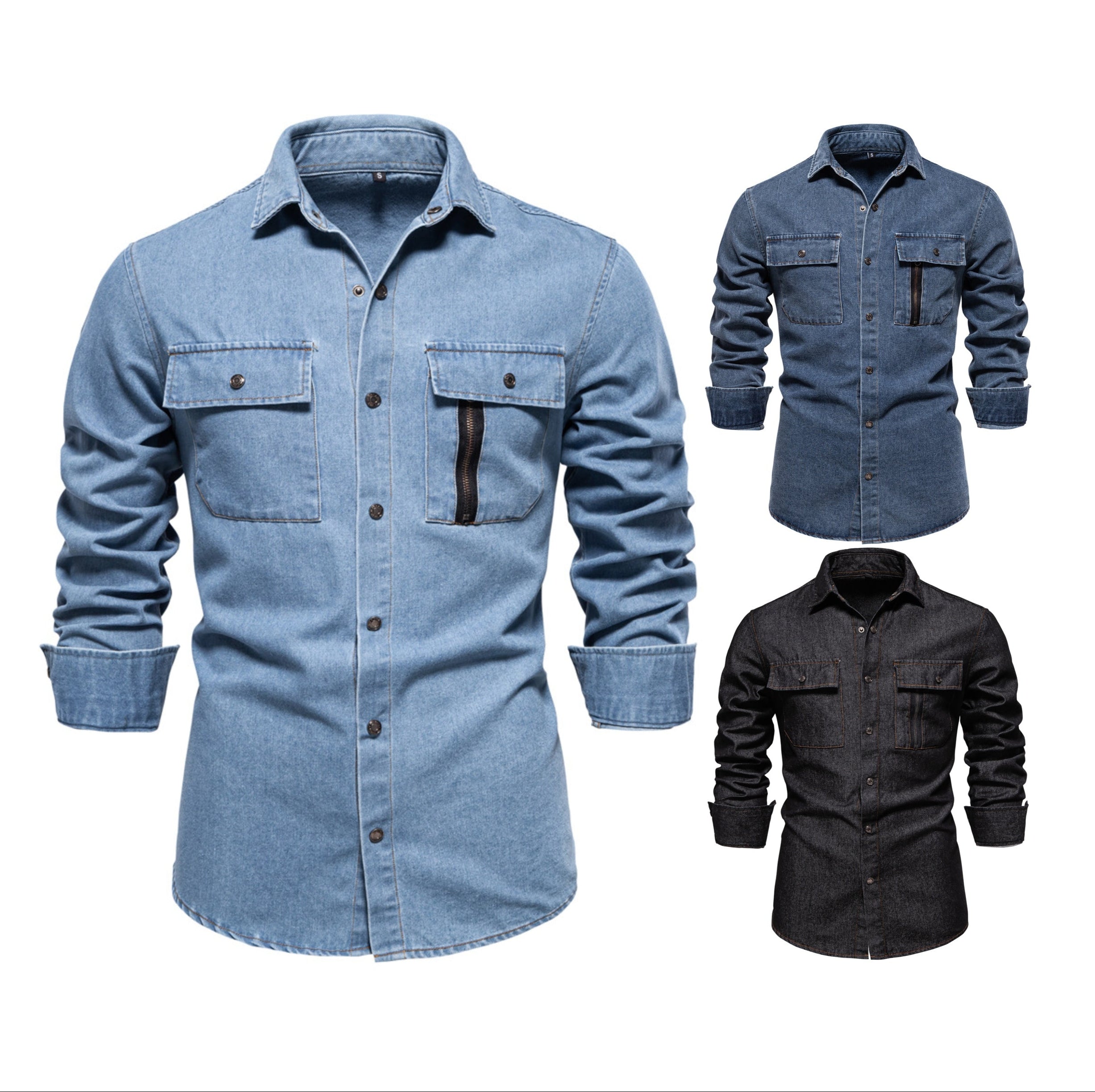 Men’s Washed Denim Shirt – Long Sleeve 100% Cotton Casual Button-Up Top | 6025