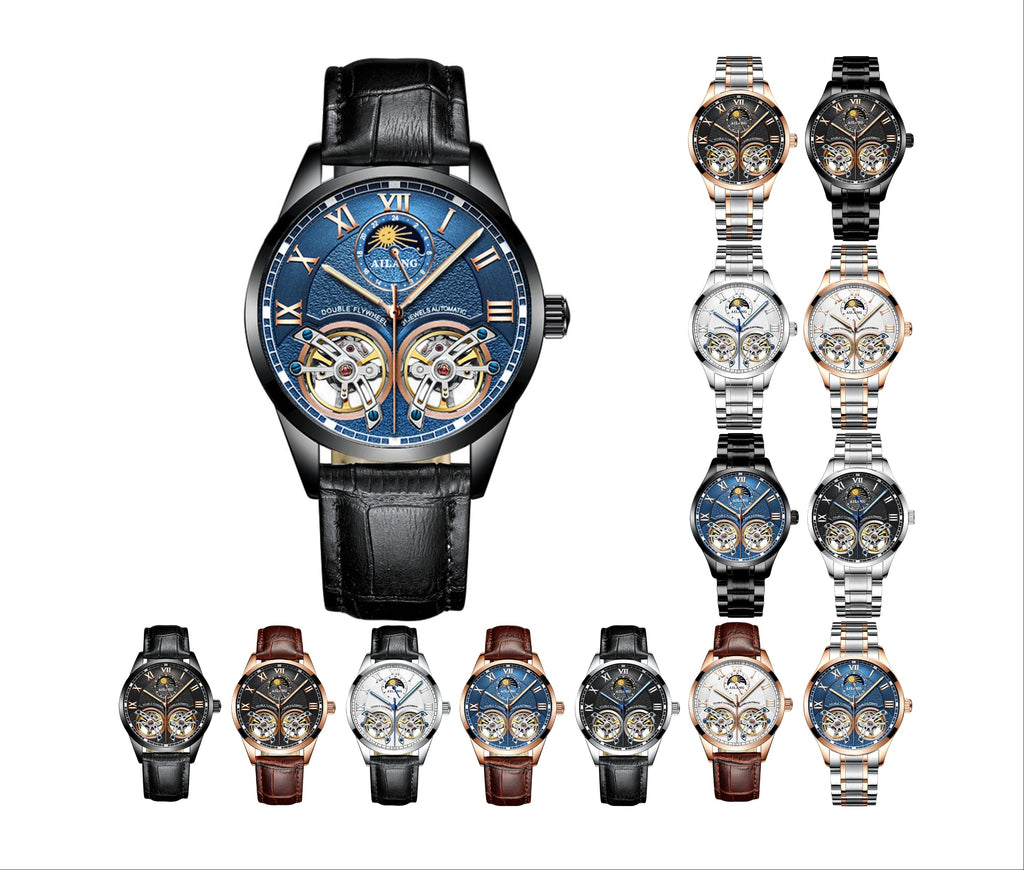 AIlang Automatic Watch | Dual Moon Phase & Calendar Men's Watch | Rose Gold/Steel Chronograph Business Watch | AL-8822