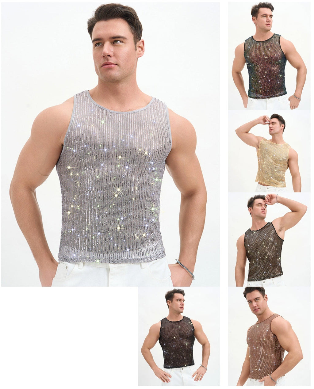 WINUU Men‘s Mesh Sequin Tank Top Rave Party Vest for Clubs & Music Festivals Shiny Glitter Muscle Tee Shirt