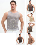 WINUU Men‘s Mesh Sequin Tank Top Rave Party Vest for Clubs & Music Festivals Shiny Glitter Muscle Tee Shirt