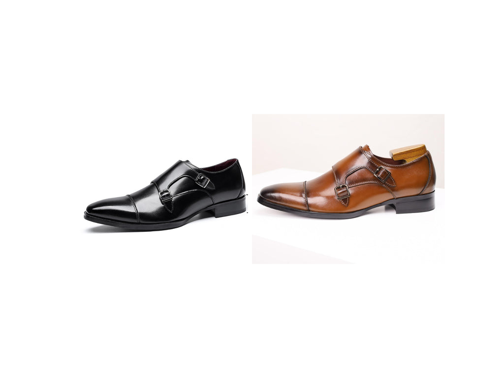 Men's Double Monk Strap Dress Shoes | Genuine Leather Business Oxfords with Height Boost | Square Toe Formal Footwear | HK5009-2