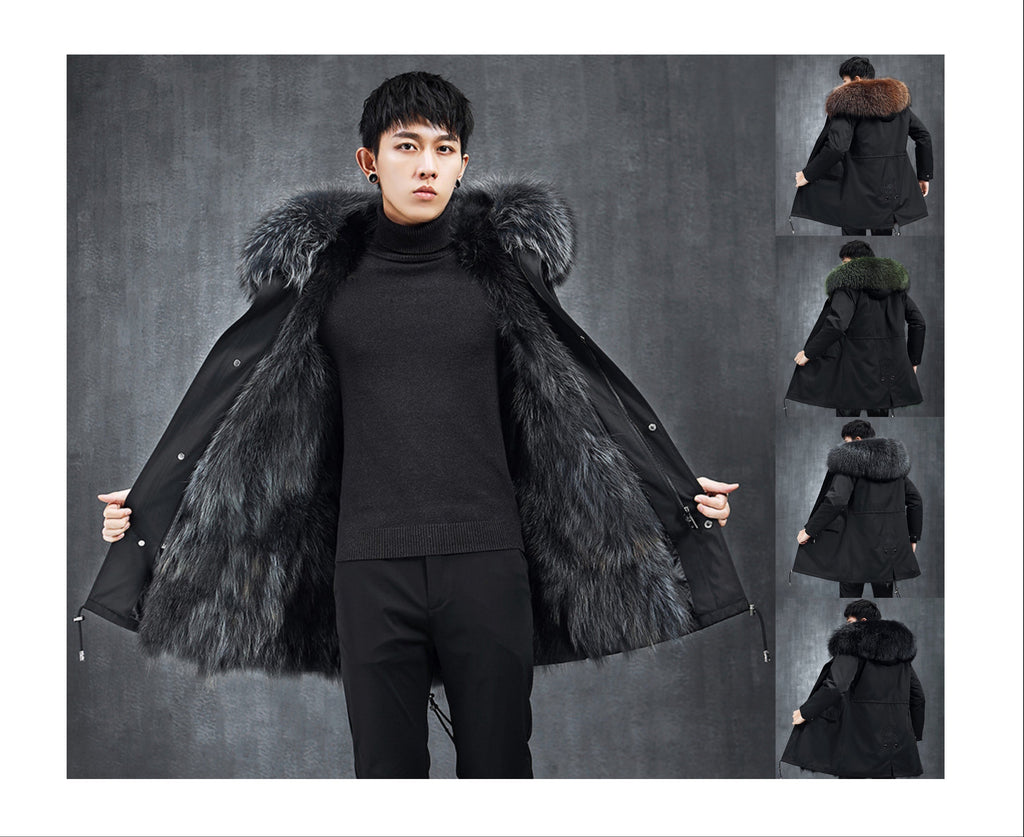 Aourun Men's Long Parka with Fox Fur Trim | 2025 Winter Hooded Jacket | Plush Mid-Length Faux Fur Lined Coat | 210