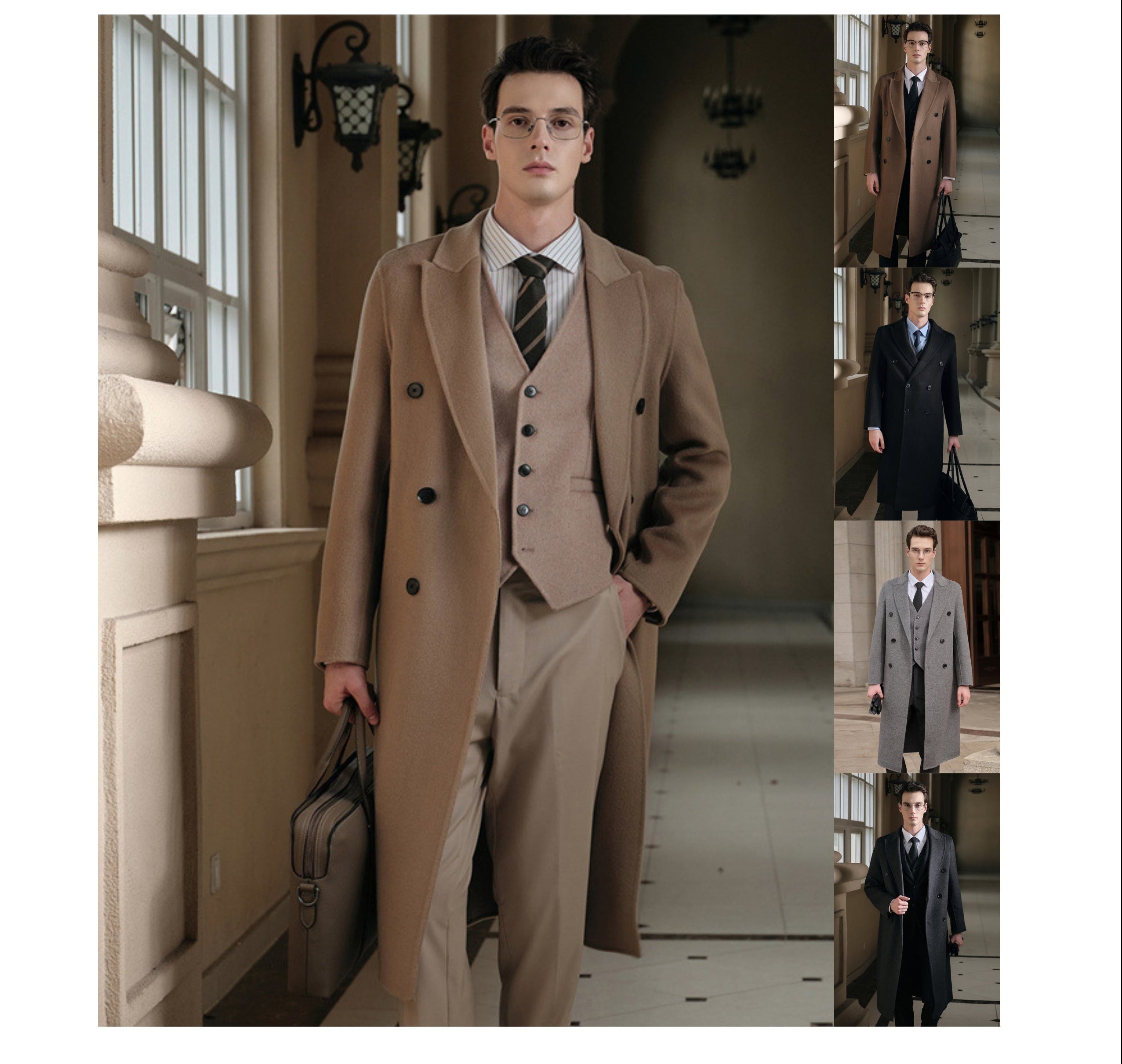 Gents Trench coat Premium Wool-Cotton Blend Peacoat Double-Breasted Mid-Length Overcoat Casual Oversized Lapel Coat