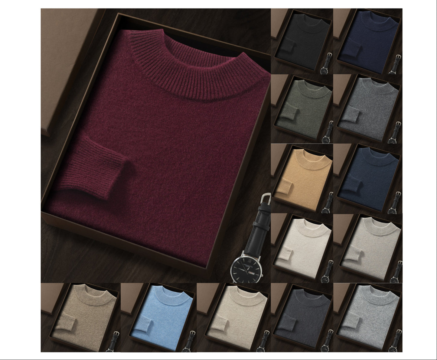 Men's Premium Cashmere Blend Sweater Chunky Knit Mock Neck Pullover Winter Warm Relaxed Fit Knitwear | JW-039