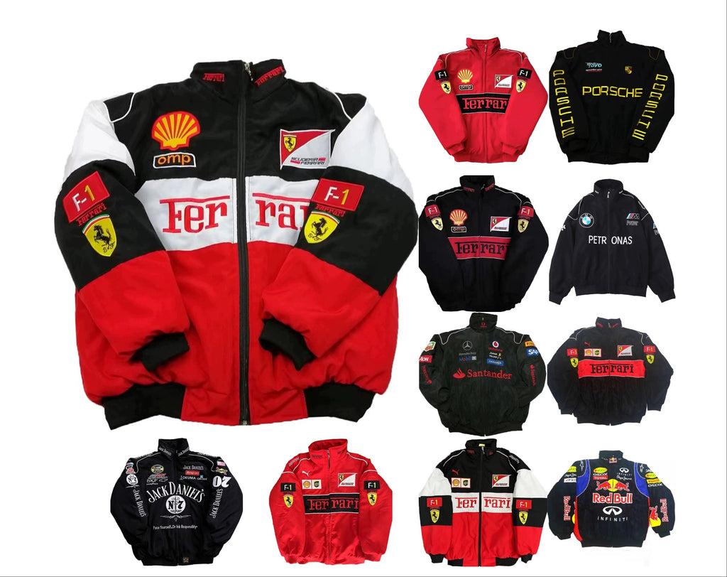 F1 Ferrari Embroidered Racing Suit Jacket Retro Style Motorcycle Riding Jack Daniel Jacket for Spring & Autumn