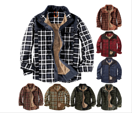 Men's Patchwork Corduroy Plaid Shirt Jacket Plus Size Velvet Lined Casual Winter Top | 3251